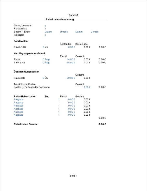 Reisekosten Formular